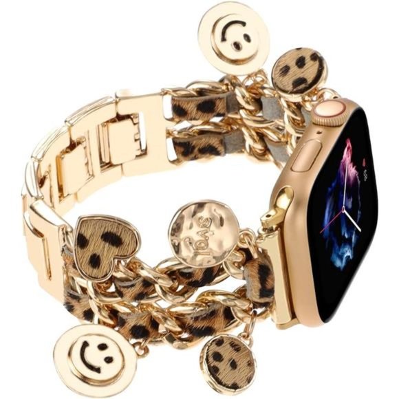 NEW Leopard/Gold Apple Watch Band with Charms - Picture 1 of 5